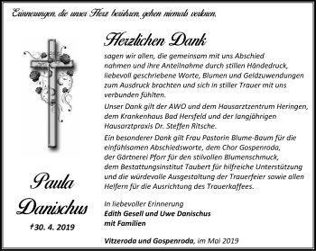 Traueranzeige von Paula Danischus von Thüringer Allgemeine, Thüringische Landeszeitung