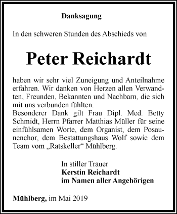 Traueranzeige von Peter Reichardt von Ostthüringer Zeitung, Thüringische Landeszeitung