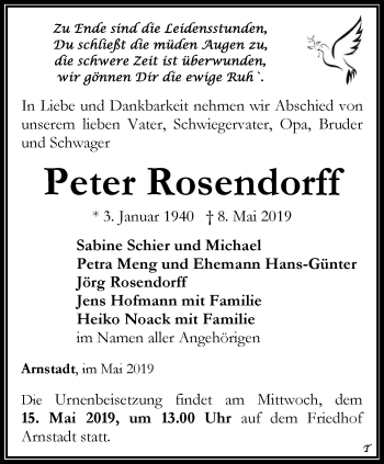 Traueranzeige von Peter Rosendorff von Thüringer Allgemeine