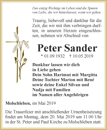 Traueranzeige von Peter Sander von Ostthüringer Zeitung, Thüringische Landeszeitung