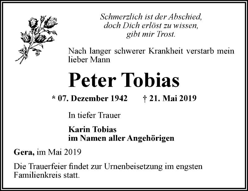  Traueranzeige für Peter Tobias vom 25.05.2019 aus Ostthüringer Zeitung