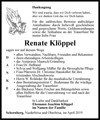 Traueranzeige von Renate Klöppel von Thüringer Allgemeine