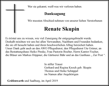 Traueranzeige von Renate Skupin von Ostthüringer Zeitung
