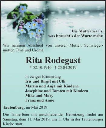 Traueranzeige von Rita Rodegast von Ostthüringer Zeitung, Thüringische Landeszeitung