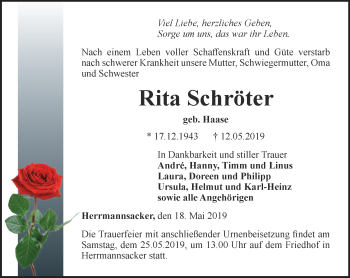 Traueranzeige von Rita Schröter von Thüringer Allgemeine