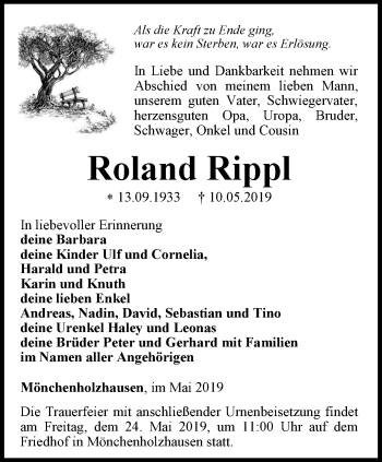 Traueranzeige von Roland Rippl von Thüringer Allgemeine, Thüringische Landeszeitung