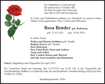 Traueranzeige von Rosa Bender von Thüringer Allgemeine