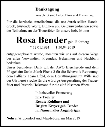 Traueranzeige von Rosa Bender von Thüringer Allgemeine