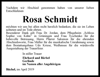 Traueranzeige von Rosa Schmidt von Thüringer Allgemeine