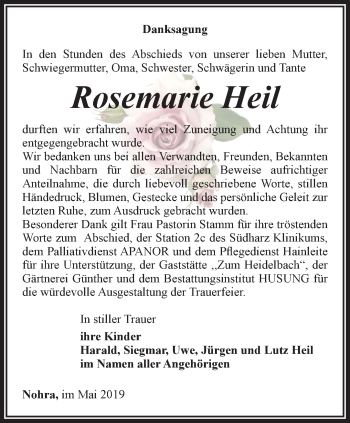Traueranzeige von Rosemarie Heil von Thüringer Allgemeine