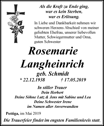 Traueranzeige von Rosemarie Langheinrich von Ostthüringer Zeitung