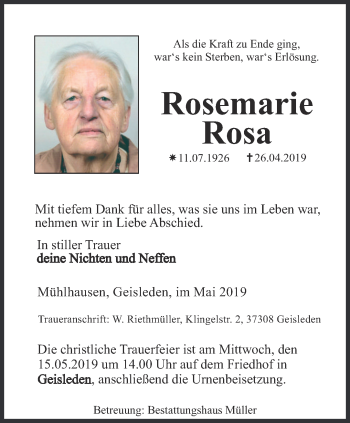 Traueranzeige von Rosemarie Rosa von Thüringer Allgemeine, Thüringische Landeszeitung