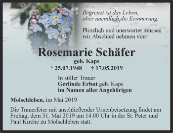 Traueranzeige von Rosemarie Schäfer von Ostthüringer Zeitung, Thüringische Landeszeitung