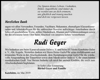 Traueranzeige von Rudi Geyer von Ostthüringer Zeitung