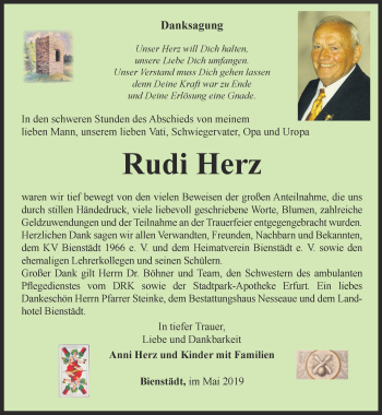 Traueranzeige von Rudi Herz von Ostthüringer Zeitung, Thüringische Landeszeitung