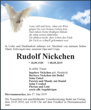 Traueranzeige von Rudolf Nickchen von Thüringer Allgemeine