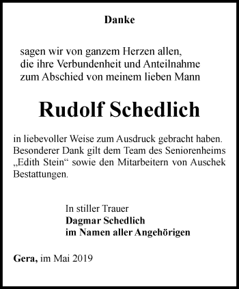 Traueranzeige von Rudolf Schedlich von Ostthüringer Zeitung