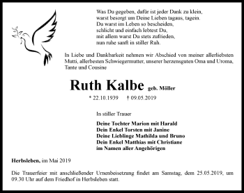 Traueranzeige von Ruth Kalbe von Thüringer Allgemeine, Thüringische Landeszeitung