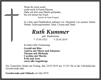 Traueranzeige von Ruth Kummer von Thüringer Allgemeine