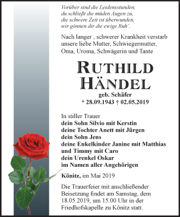 Traueranzeige von Ruthild Händel von Ostthüringer Zeitung