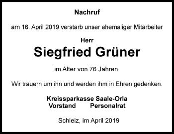 Traueranzeige von Siegfried Grüner von Ostthüringer Zeitung