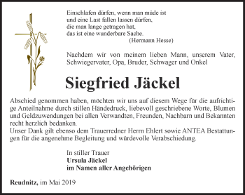 Traueranzeige von Siegfried Jäckel von Ostthüringer Zeitung