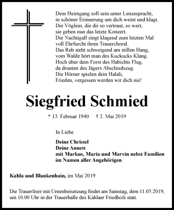 Traueranzeige von Siegfried Schmied von Ostthüringer Zeitung, Thüringische Landeszeitung