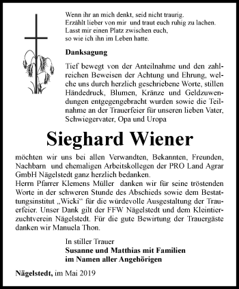 Traueranzeige von Sieghard Wiener von Thüringer Allgemeine, Thüringische Landeszeitung