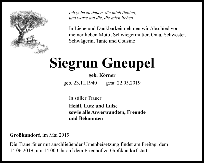  Traueranzeige für Siegrun Gneupel vom 28.05.2019 aus Ostthüringer Zeitung