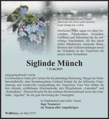 Traueranzeige von Siglinde Münch von Thüringer Allgemeine