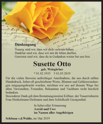 Traueranzeige von Susette Otto von Ostthüringer Zeitung, Thüringische Landeszeitung