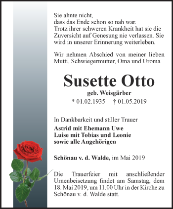 Traueranzeige von Susette Otto von Ostthüringer Zeitung, Thüringische Landeszeitung