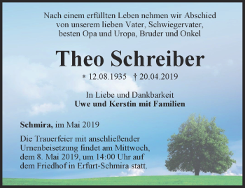 Traueranzeige von Theo Schreiber von Thüringer Allgemeine, Thüringische Landeszeitung