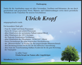 Traueranzeige von Ulrich Kropf von Thüringer Allgemeine