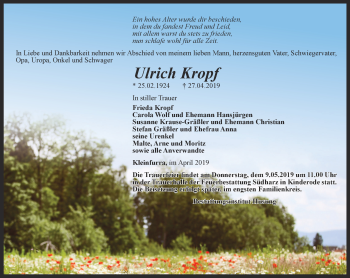 Traueranzeige von Ulrich Kropf von Thüringer Allgemeine