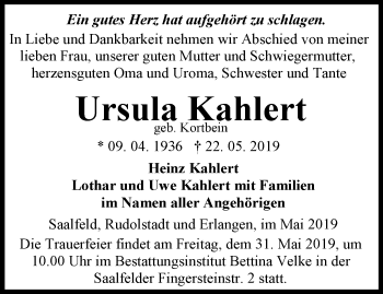 Traueranzeige von Ursula Kahlert von Ostthüringer Zeitung