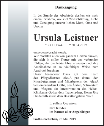 Traueranzeige von Ursula Leistner von Ostthüringer Zeitung, Thüringische Landeszeitung