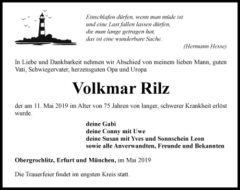 Traueranzeige von Volkmar Rilz von Ostthüringer Zeitung