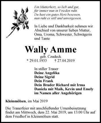 Traueranzeige von Wally Amme von Thüringer Allgemeine, Thüringische Landeszeitung