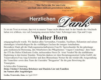 Traueranzeige von Walter Horn von Ostthüringer Zeitung, Thüringische Landeszeitung