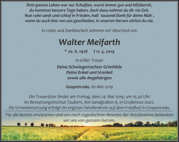 Traueranzeige von Walter Meifarth von Thüringer Allgemeine, Thüringische Landeszeitung