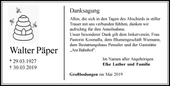 Traueranzeige von Walter Päper von Thüringer Allgemeine