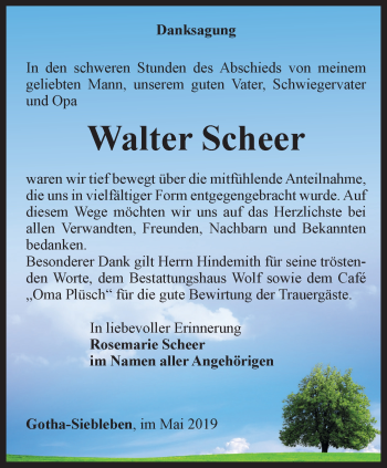 Traueranzeige von Walter Scheer von Ostthüringer Zeitung, Thüringische Landeszeitung