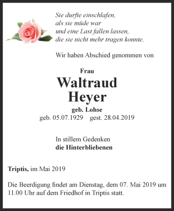 Traueranzeige von Waltraud Heyer