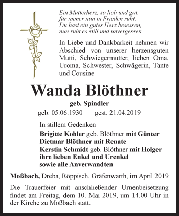 Traueranzeige von Wanda Blöthner von Ostthüringer Zeitung