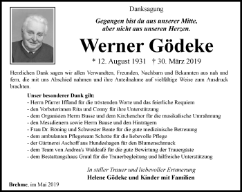 Traueranzeige von Werner Gödeke von Thüringer Allgemeine