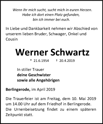 Traueranzeige von Werner Schwartz von Thüringer Allgemeine