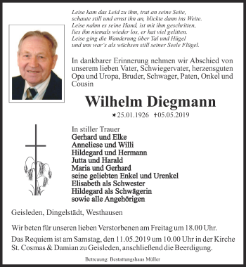 Traueranzeige von Wilhelm Diegmann von Thüringer Allgemeine