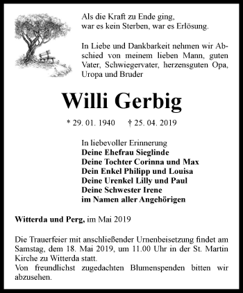 Traueranzeige von Willi Gerbig von Thüringer Allgemeine, Thüringische Landeszeitung