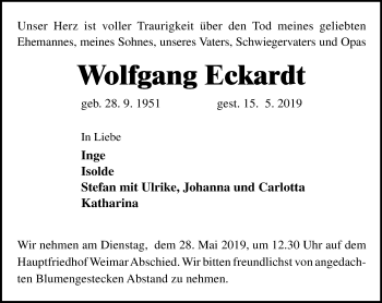 Traueranzeige von Wolfgang Eckardt von Thüringer Allgemeine, Thüringische Landeszeitung